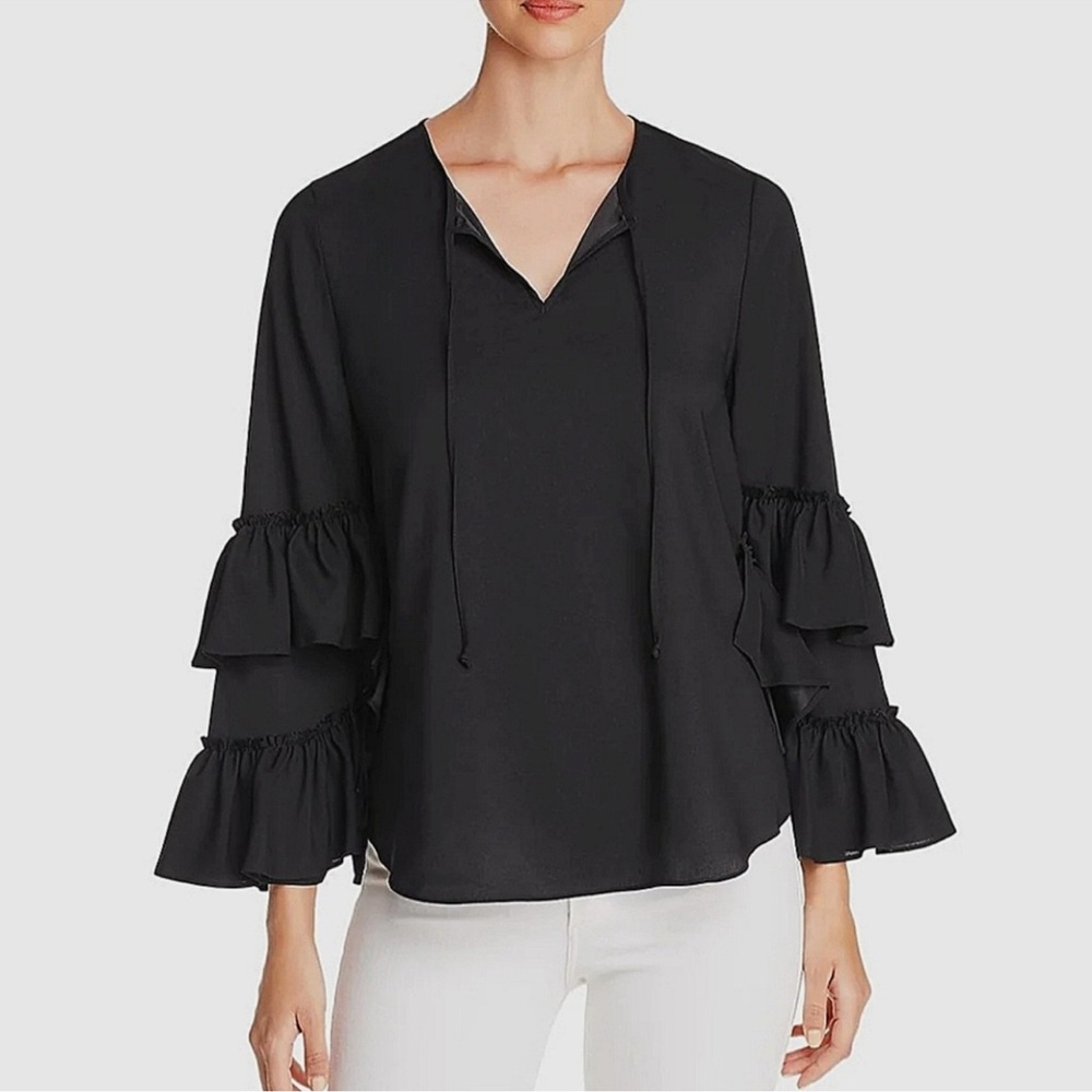 LE GALI BLACK LONG SLEEVE RUFFLE TIE BLOUSE SIZE MEDIUM